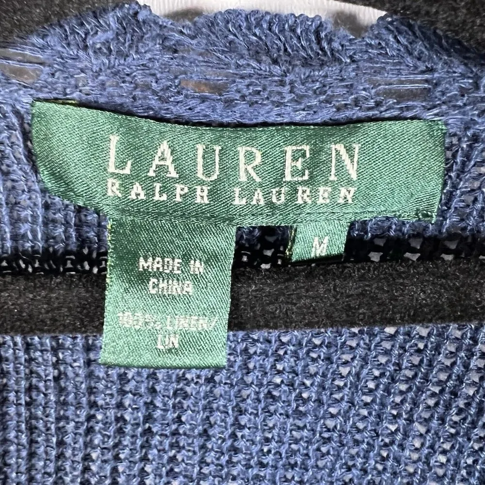 Lauren Ralph Lauren Navy Blue Open Cardigan Womens Sz Medium 100% Linen Crotchet - Image 7