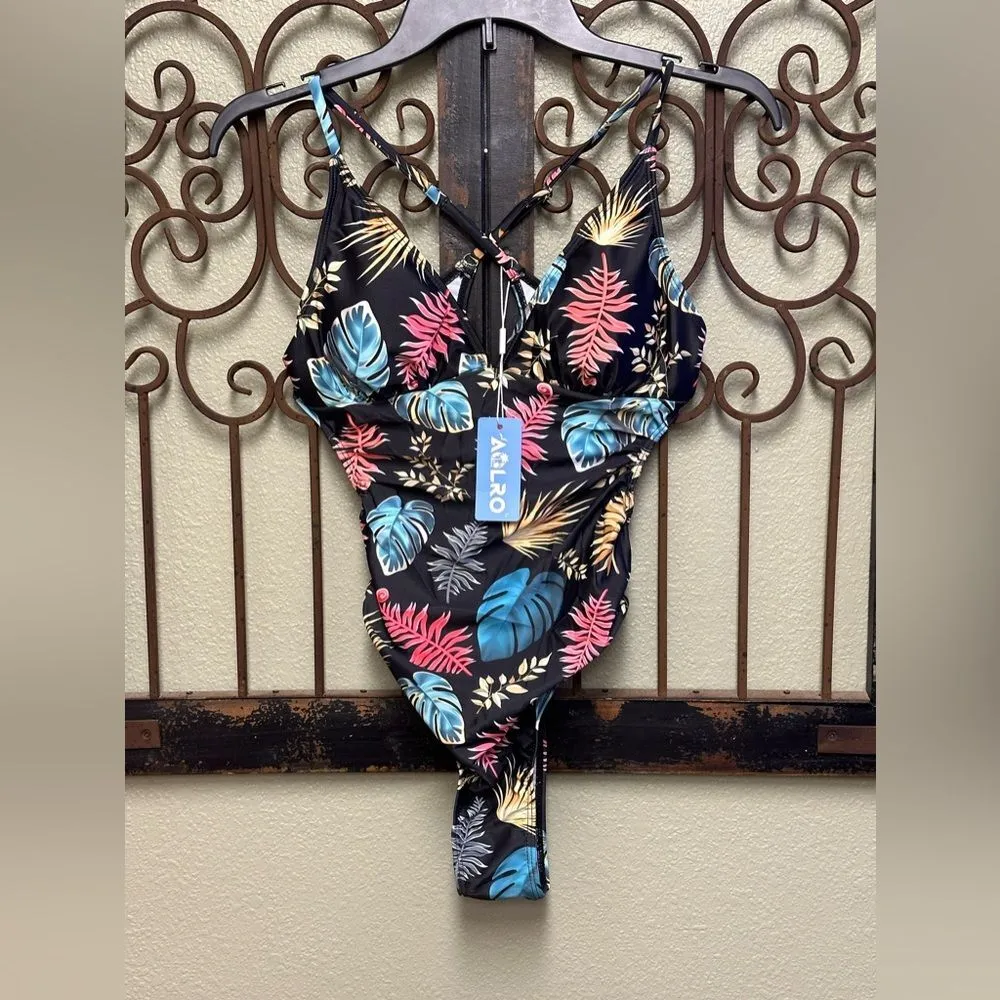 Aolro tropical  swimsuit with criss cross back cutouts - Image 2