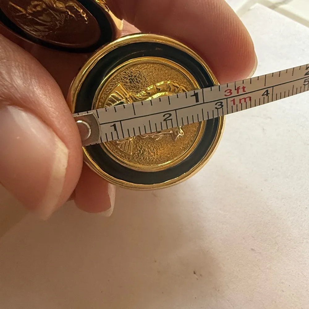 Vintage gold enamel Roman knight coin clip earrings - Image 11