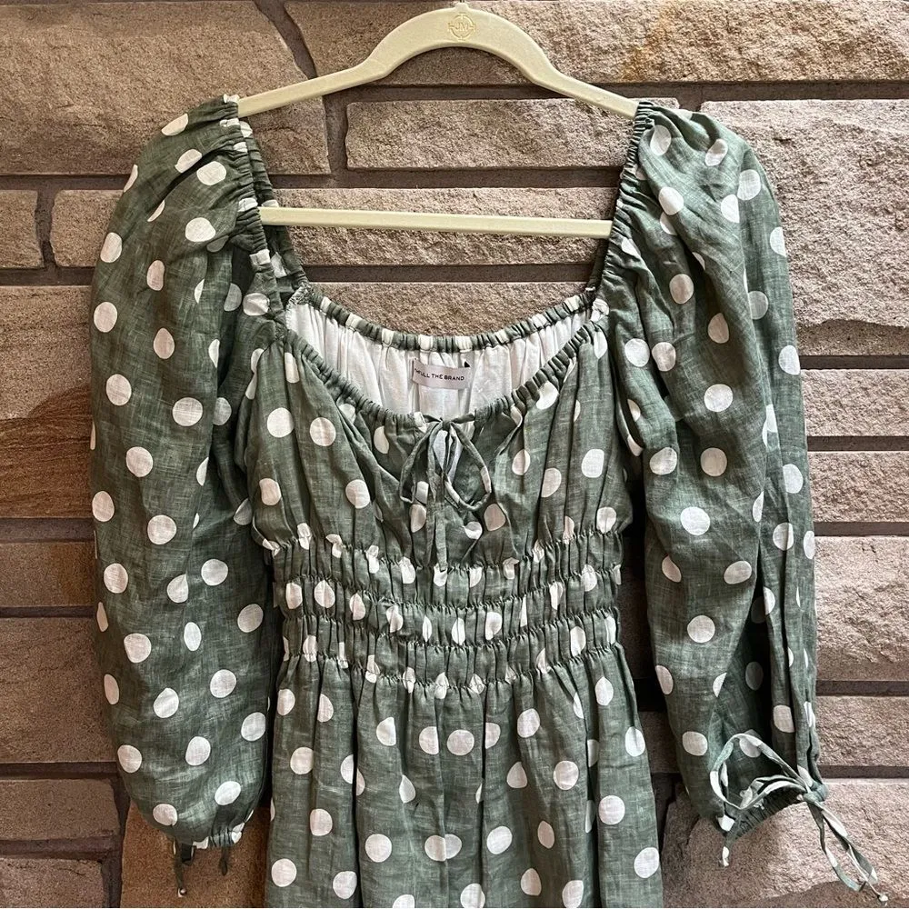 Faithfull The Brand Armina Mini Dress Emelda Dot Print Slate Green linen Small - Image 8