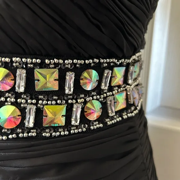 Jolene Chiffon Strapless Jeweled Chiffon‎ Tail Ruched Cocktail Dress Sz 6 $390 Black - Image 9