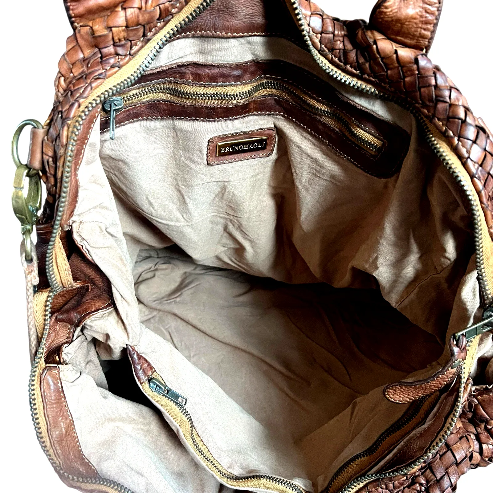 Bruno Magli Woven Leather Satchel Weekender Travel Bag Cognac Brown - Image 10