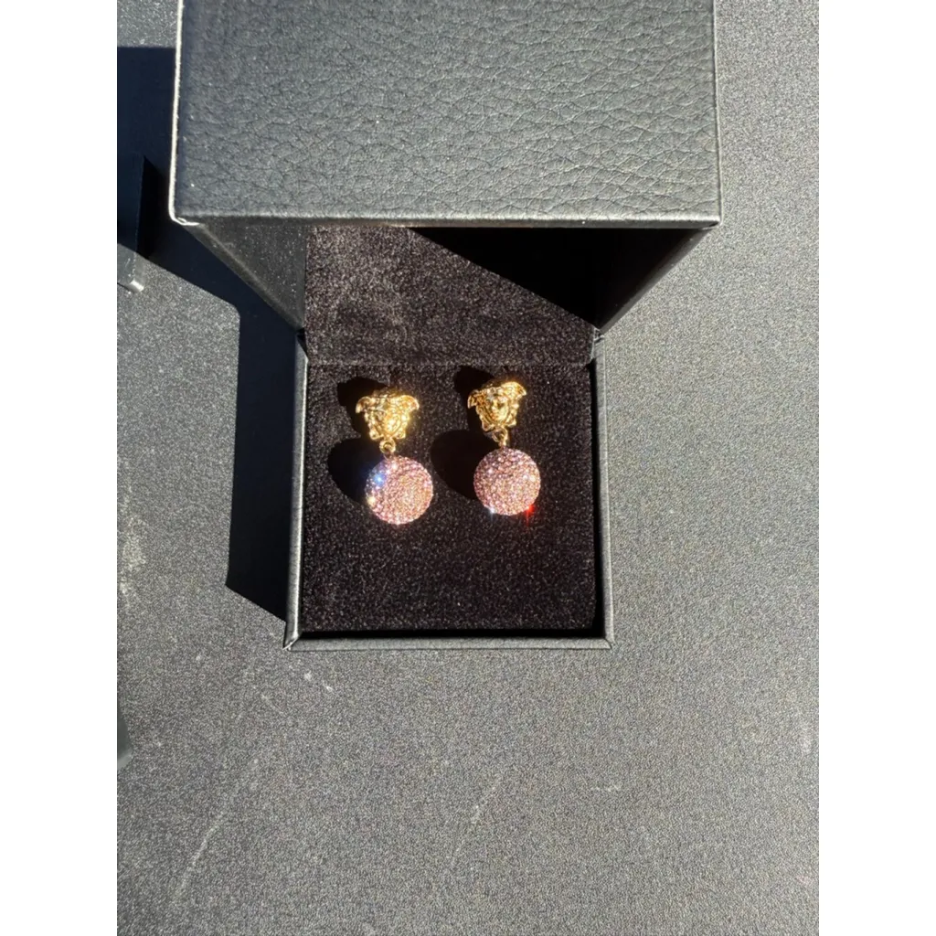 Versace Gold Medusa Pierced Earrings w/Rose Gold Crystal Encrusted Balls - Image 2