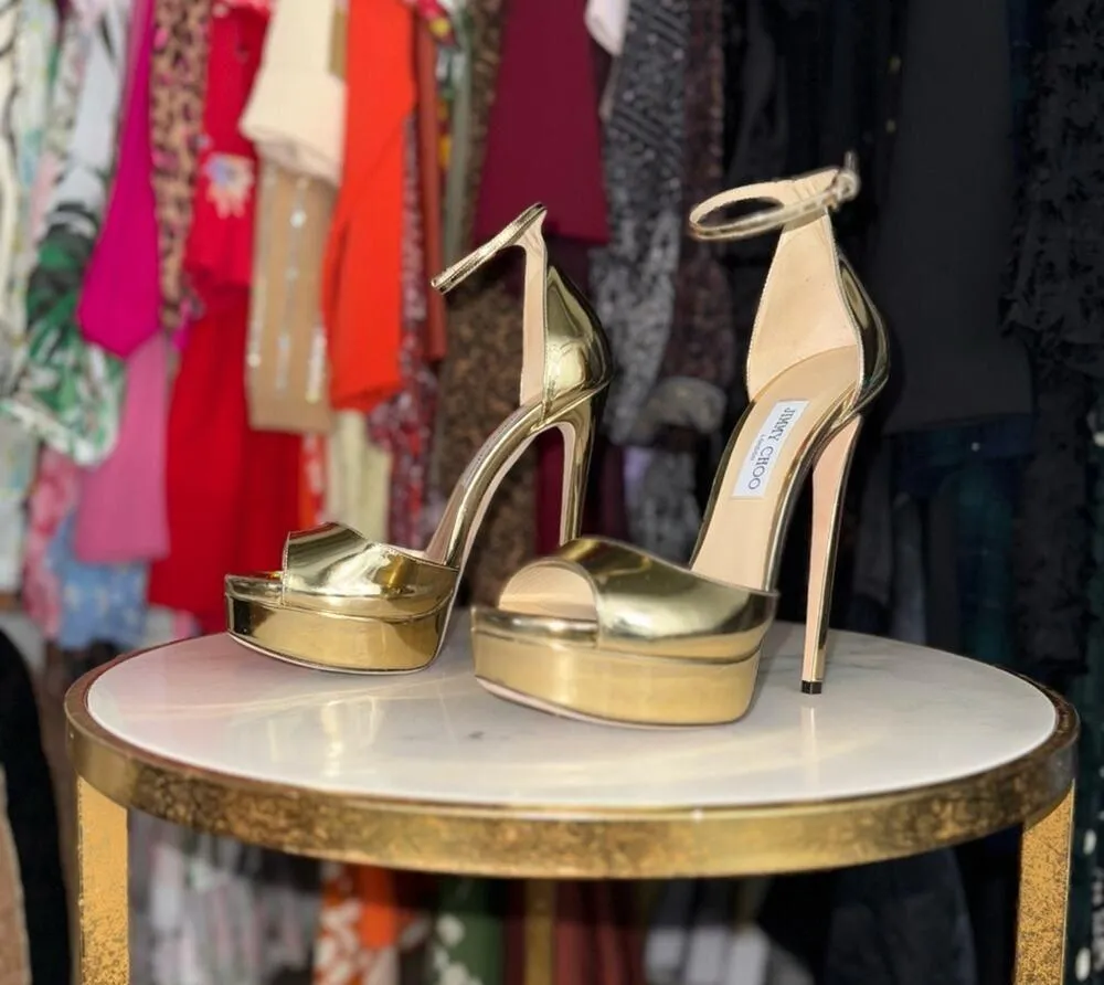 Jimmy Choo Gold Max 150 Mirrored-Leather Platform Stiletto Heel Open Toe Sandal - Image 5