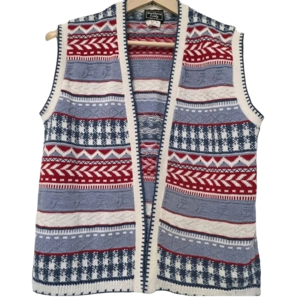 Vintage Fisherman Nostalgic Sweater Vest Womens Size Med Patriotic Blue Red - Image 5