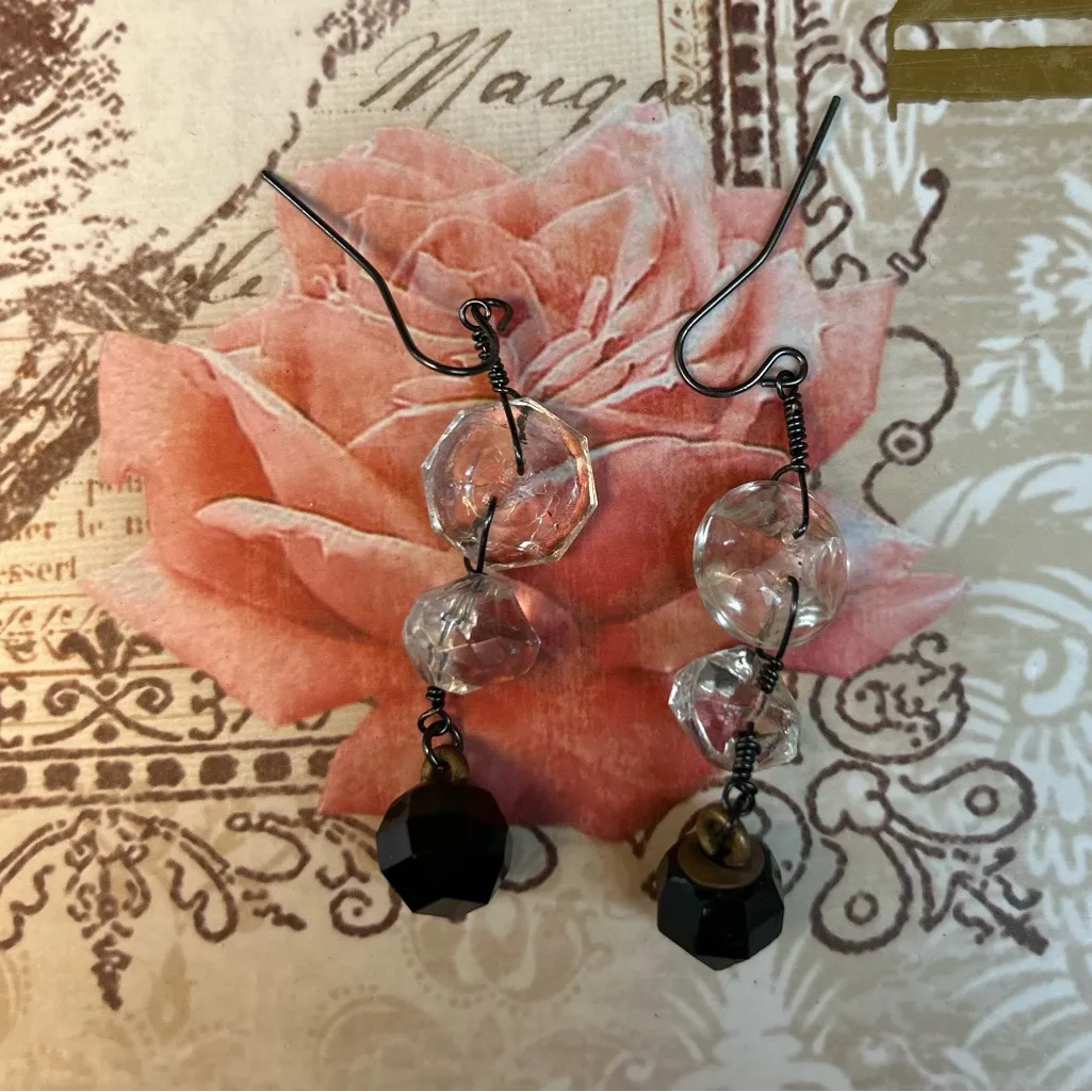 Hand Crafted Vintage Glass Buttons Earrings Black - Image 2