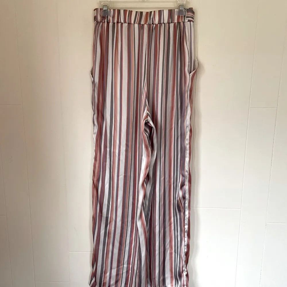 Soulmates satin striped pants elastic waist belted pink grey women’s size M - Image 2