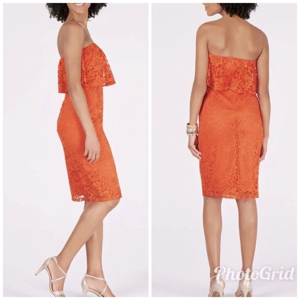THALIA SODI‎ Strapless Lace Cocktail Dress Midi Fitted Popover Orange Medium New - Image 13