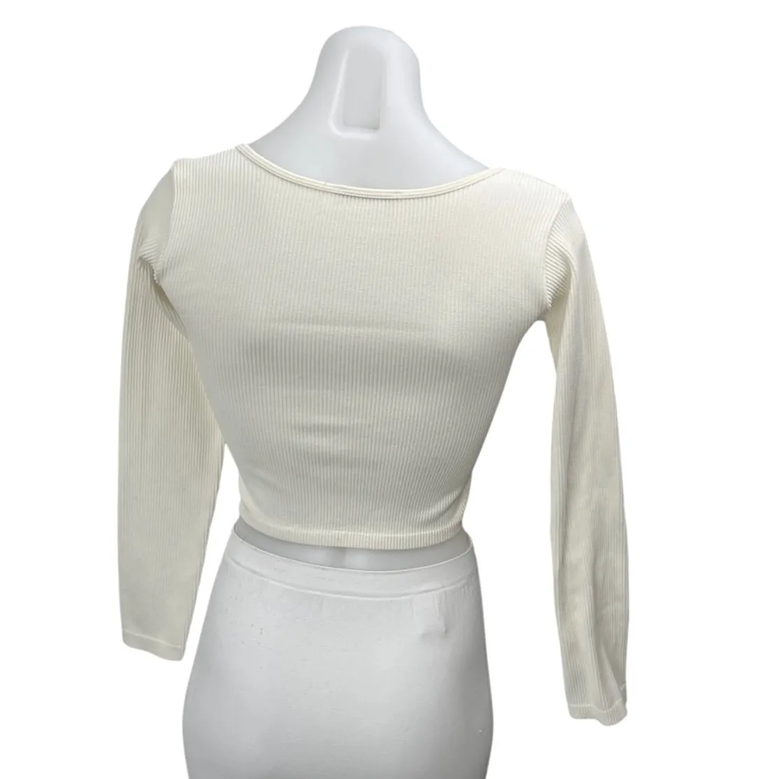 Zara Women's White Long Sleeve Ribbed Knit Square Neck Sweater Crop Top Size M-L - Image 2