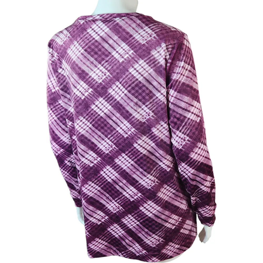 Denim & Co. Printed Velour Pullover Hi-Low Hem Deep Wine Plaid Petite Small NWOT - Image 9