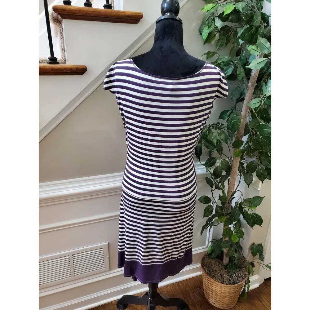 Sophie Max Women's White & Purple Striped Rayon Short Sleeve Knee Length Dress L - Image 7