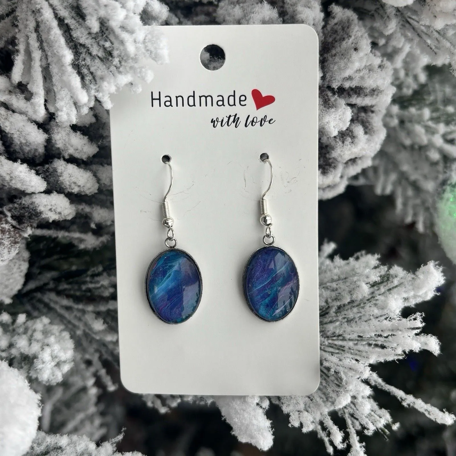 Handmade Poured Paint Oval Earrings Blue Purple Swirl Stainless Steel Artisan - Image 3