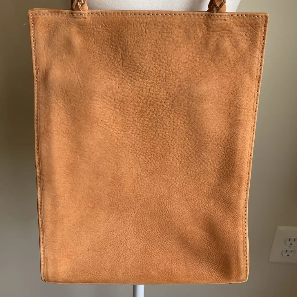 Beth Levine Suede Camel Tall Tote Purse Round Braided Rope Handles Shoulder Bag Tan - Image 4