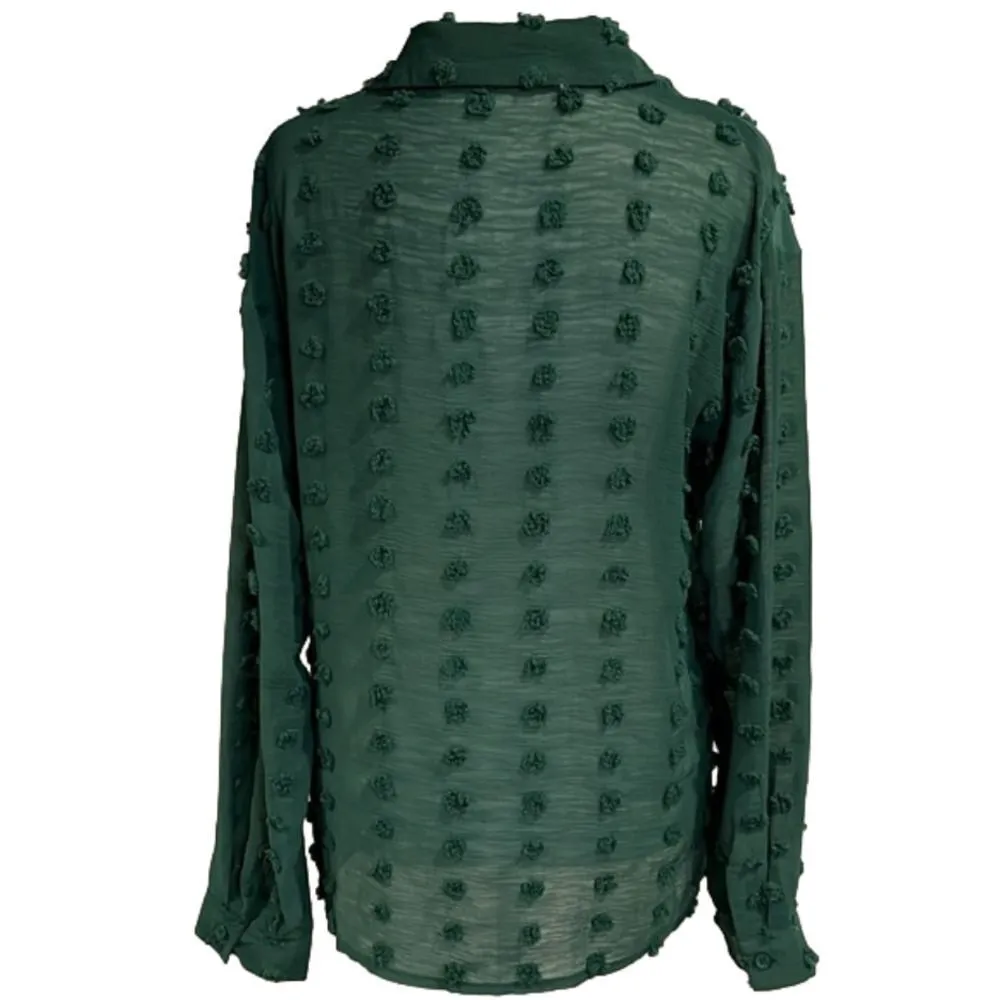 Forest Green sheer button down long sleeve blouse with textured dots - Image 3