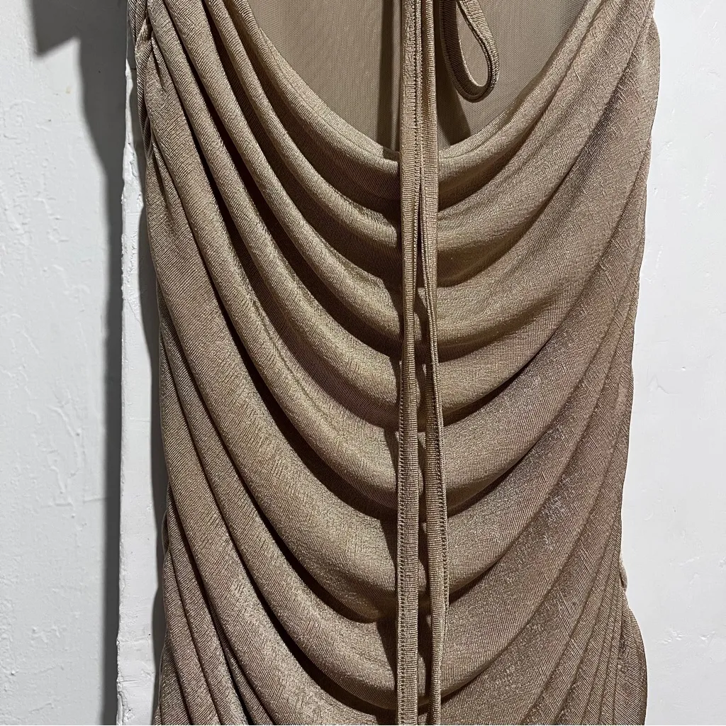 ETIQUETTE halter cross ruched mini dress size large New : Box LO3: Tan - Image 4