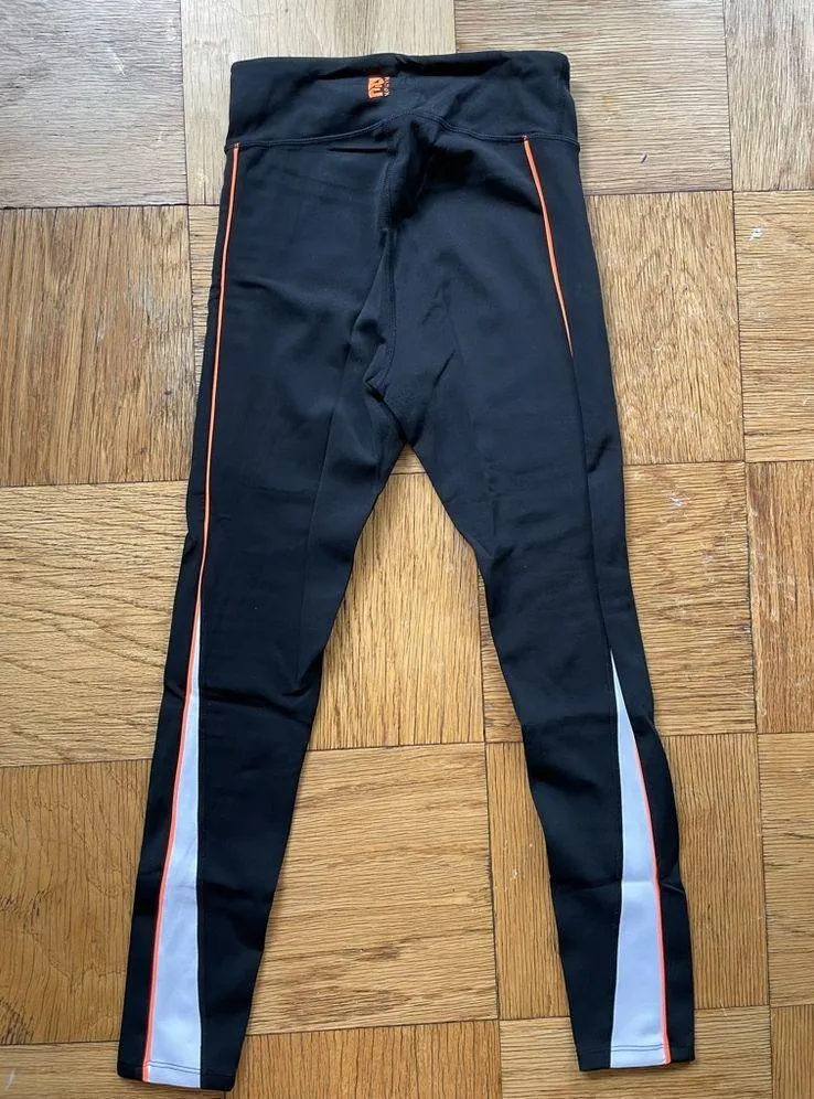 PE Nation black XS midrise workout leggings w/ orange piping and white detail - Image 5