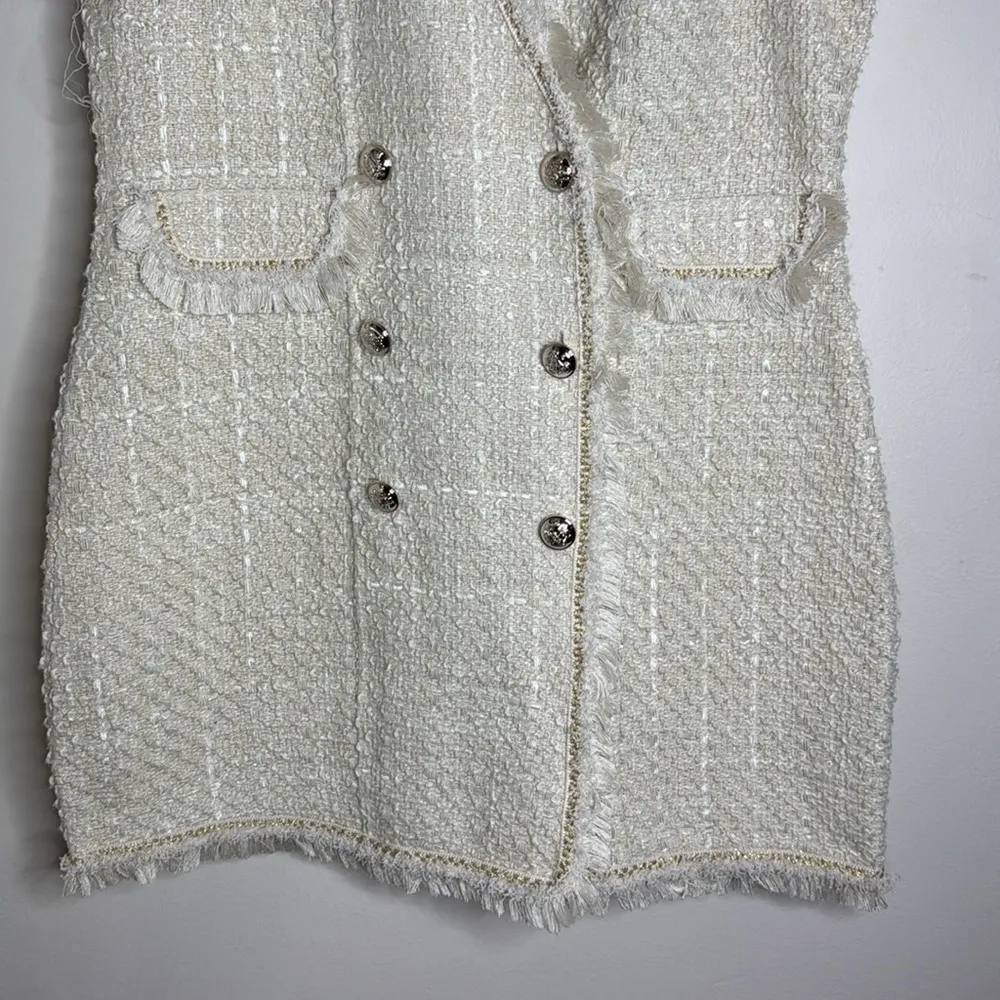 Trixxi Sleeveless Tweed Boucle Button Up Fringed Bodycon Mini Dress cream sz XL - Image 5