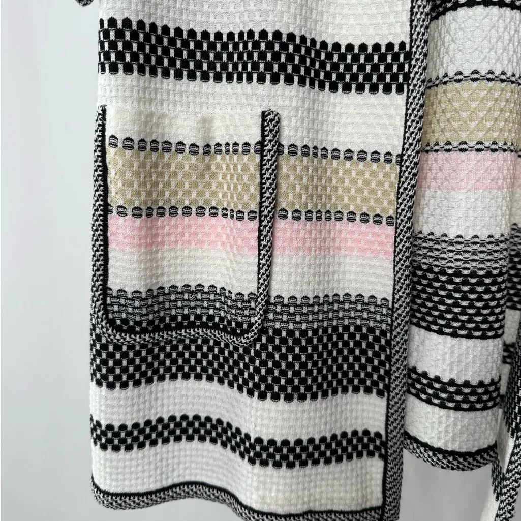 Misook Short Sleeve Stripe Open Jacket in‎ White Pink Size Large - Image 3