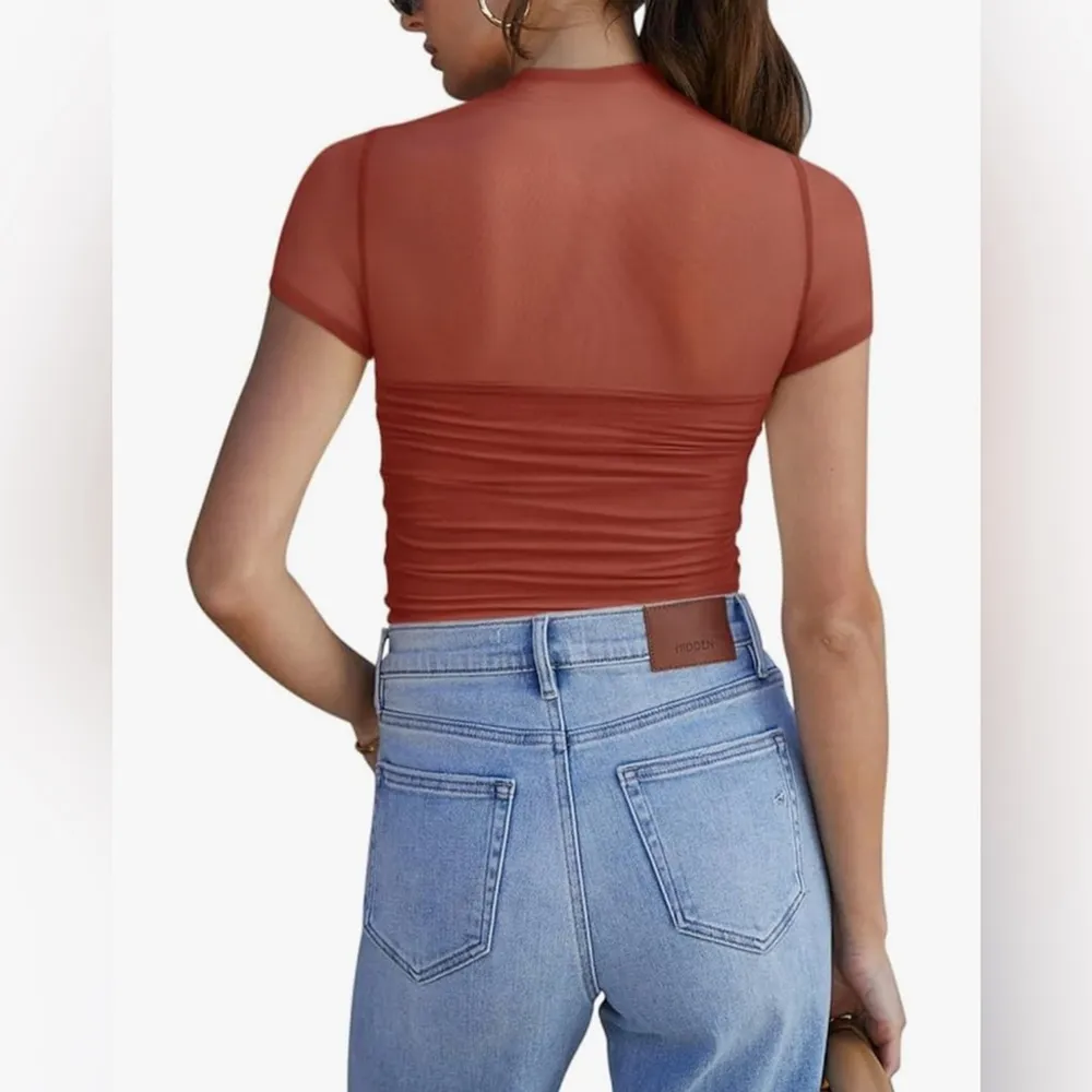 NEW Mock Turtle Neck Short Sleeve Sheer Mesh Ruched Bodysuits Top S Orange - Image 2