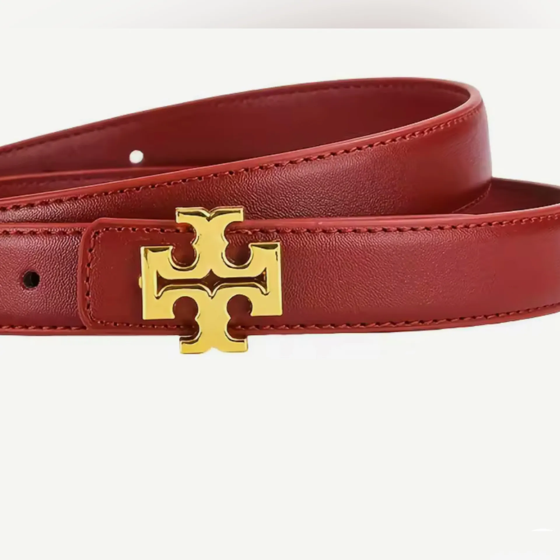 Red Leather Belt with Gold Logo - Image 2