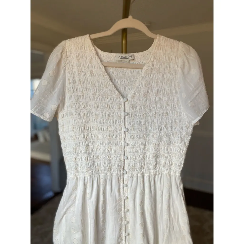 Coldwater Creek Cotton Maxi Dress Smocked S White Button Front Cottagecore Luxe - Image 11