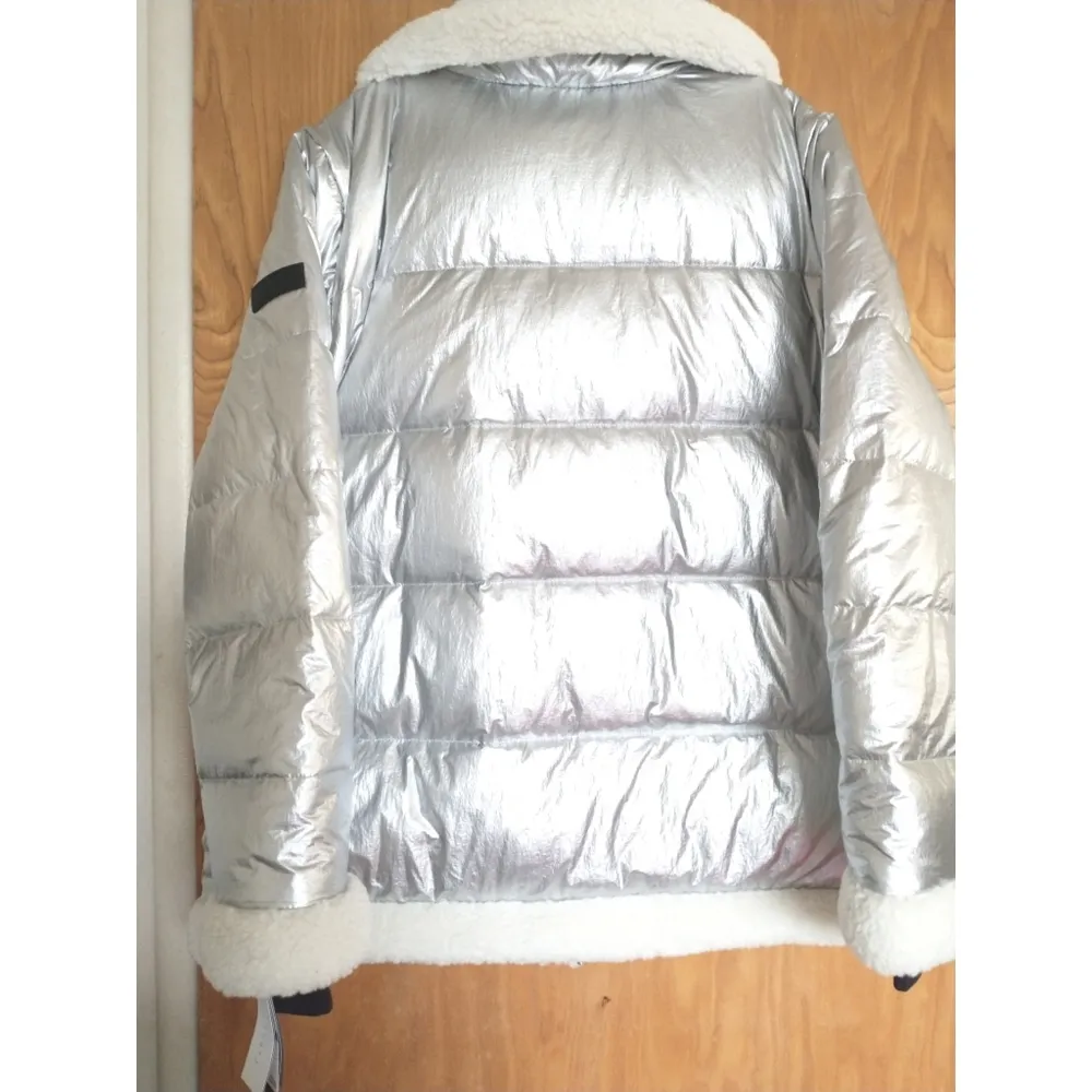 New! SANCTUARY Women's Metallic Puffer Jacket Faux Shearling Trim Size Small - Image 10