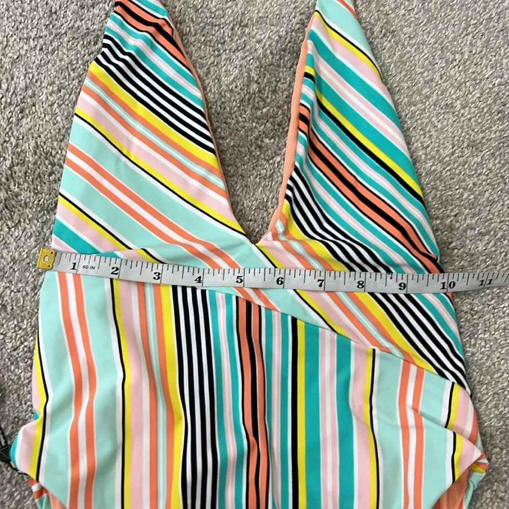 New Bikini Lab Small Blue, Orange Asymmetrical Plunge Halter One Piece Swim Suit - Image 9