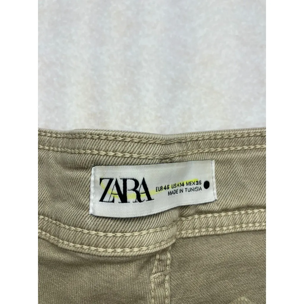 ZARA Wide Leg Cropped High Rise Tan Khaki Pants Women US 14 EUR 46 - Image 2