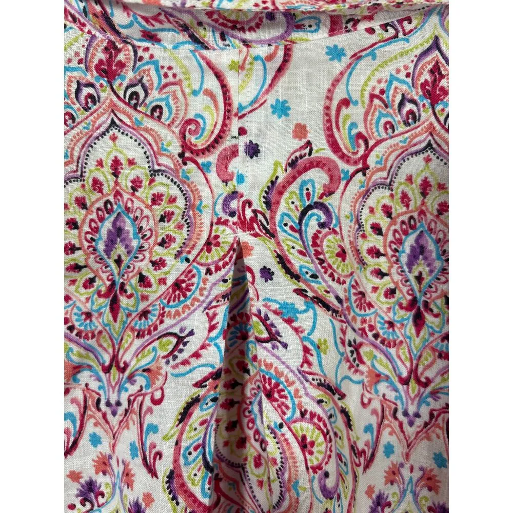 Chicos Button Up 3 XL Pink Paisley 100% Linen Long Line 3/4 Sleeve - Image 8