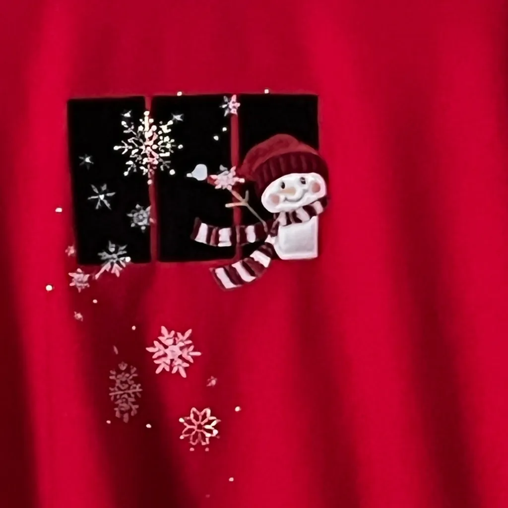 Vtg. Top Stitch Beading Snowflakes & Snowman In Window Red Sweatshirt. SZ. XL - Image 6