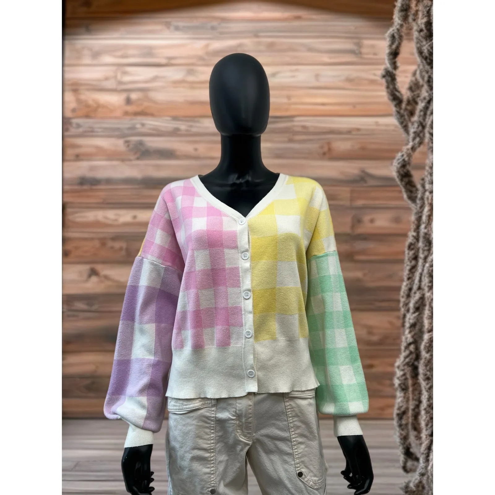 Pastel Colorblock Checkered Cardigan – 50% Viscose, Size Unknown - Image 2