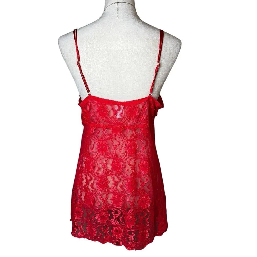 Vintage Red Lace Sequin Babydoll Negligee Lingerie Sexy Sheer Slip Cami Tank Top Size L - Image 3