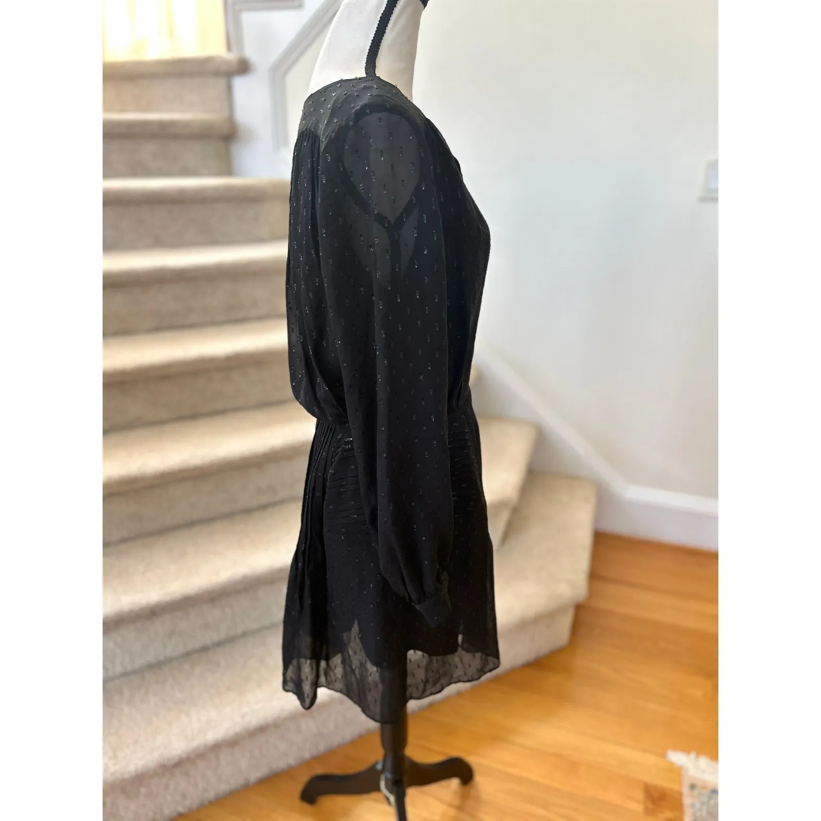 Marie Oliver Black Silk Sparkle Dot Pin Tuck Pleat Blouson Mini Dress - Image 3