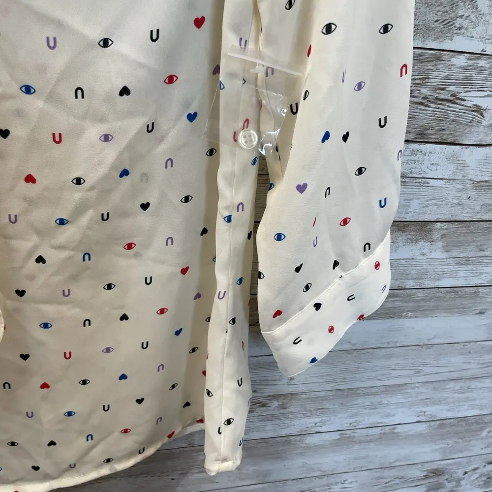 ModCloth Womens S Blouse Eye Heart U 3/4 Sleeve V-Neck Neck Tie Shirt Cream NWOT - Image 4