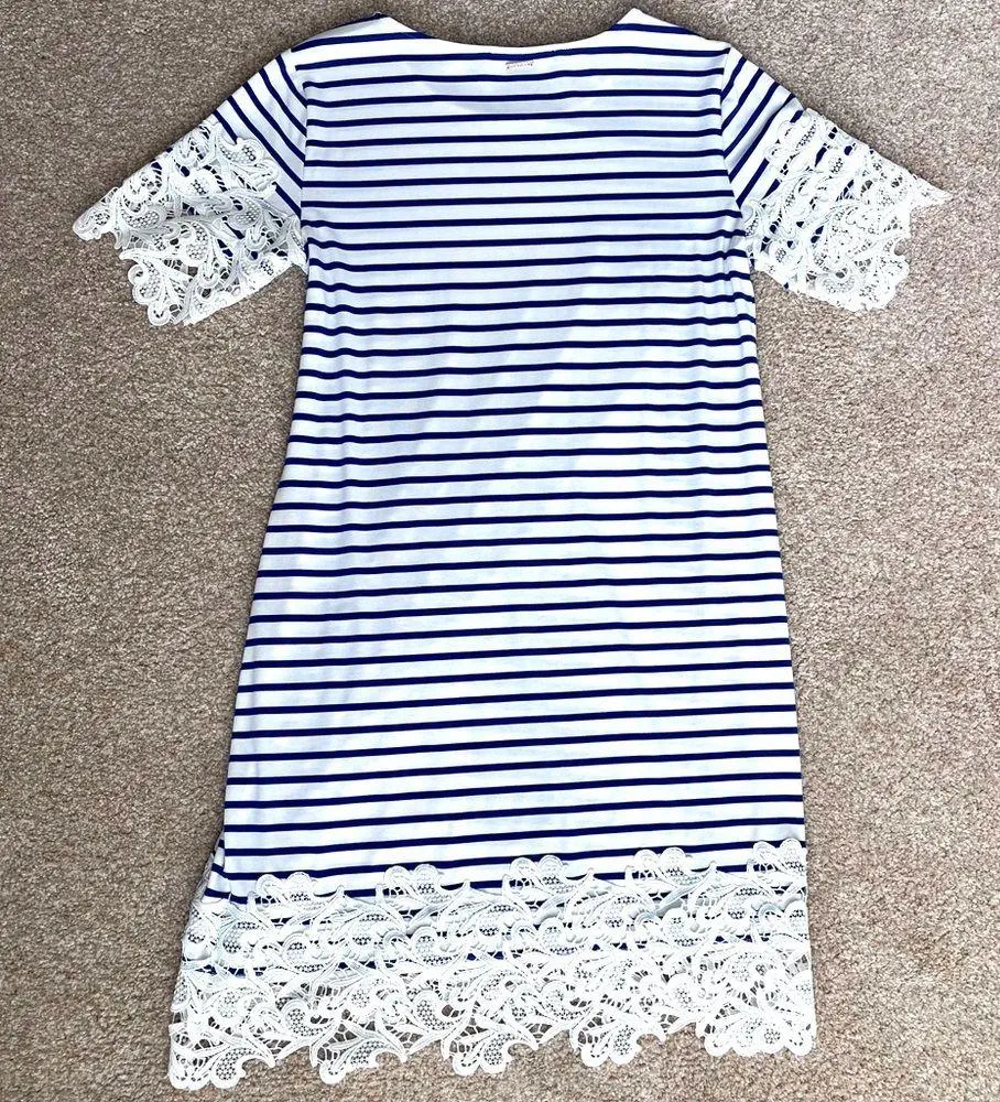 Tommy Hilfiger Blue and White Striped Dress with Lace Design Size Medium - Image 6