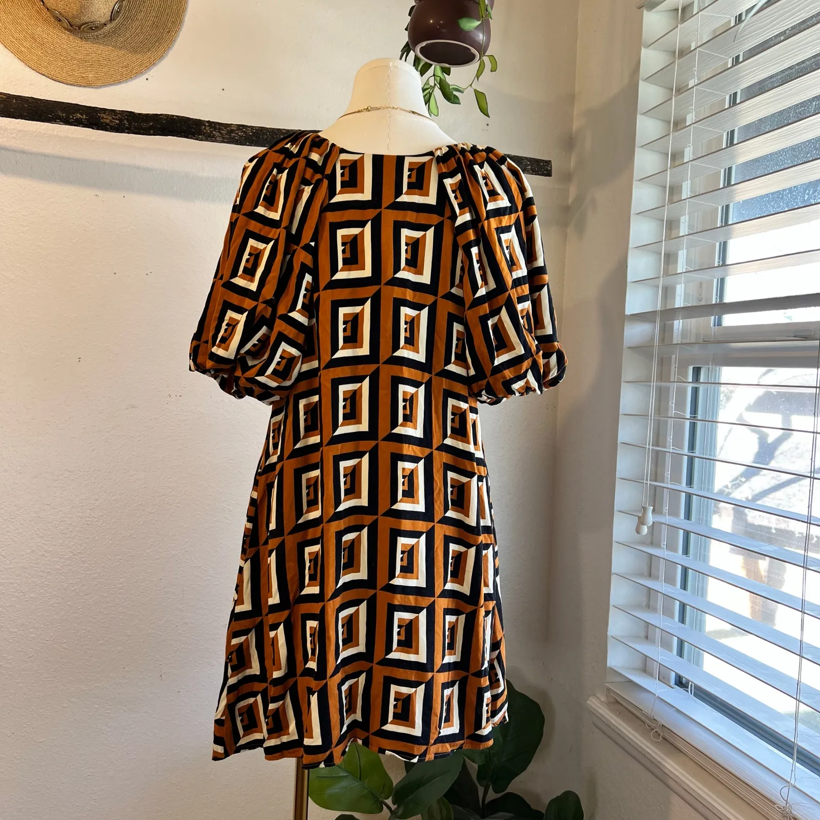 Anthropologie Corey Lynn Calter Geometric Puffed Sleeve Mod Dress Size Small Brown - Image 13