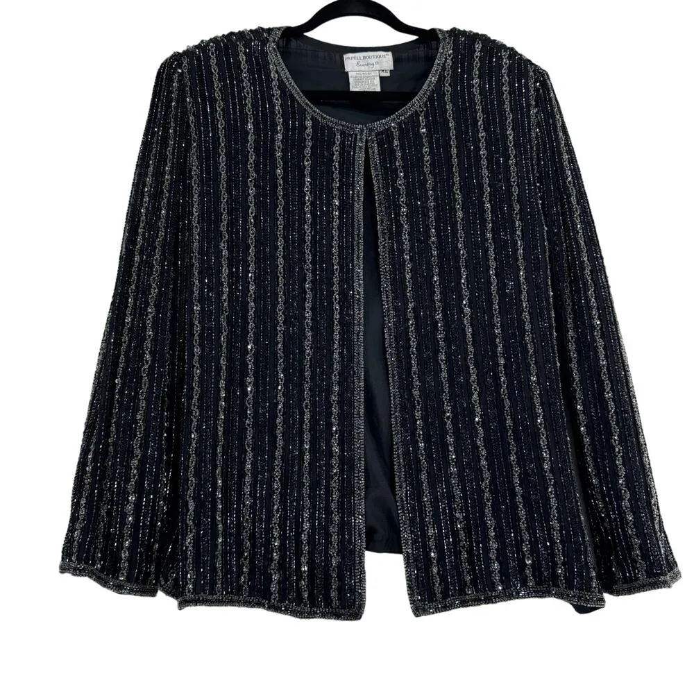 Vintage Papelle Boutique black and silver silk Beaded Evening Jacket size XL - Image 3