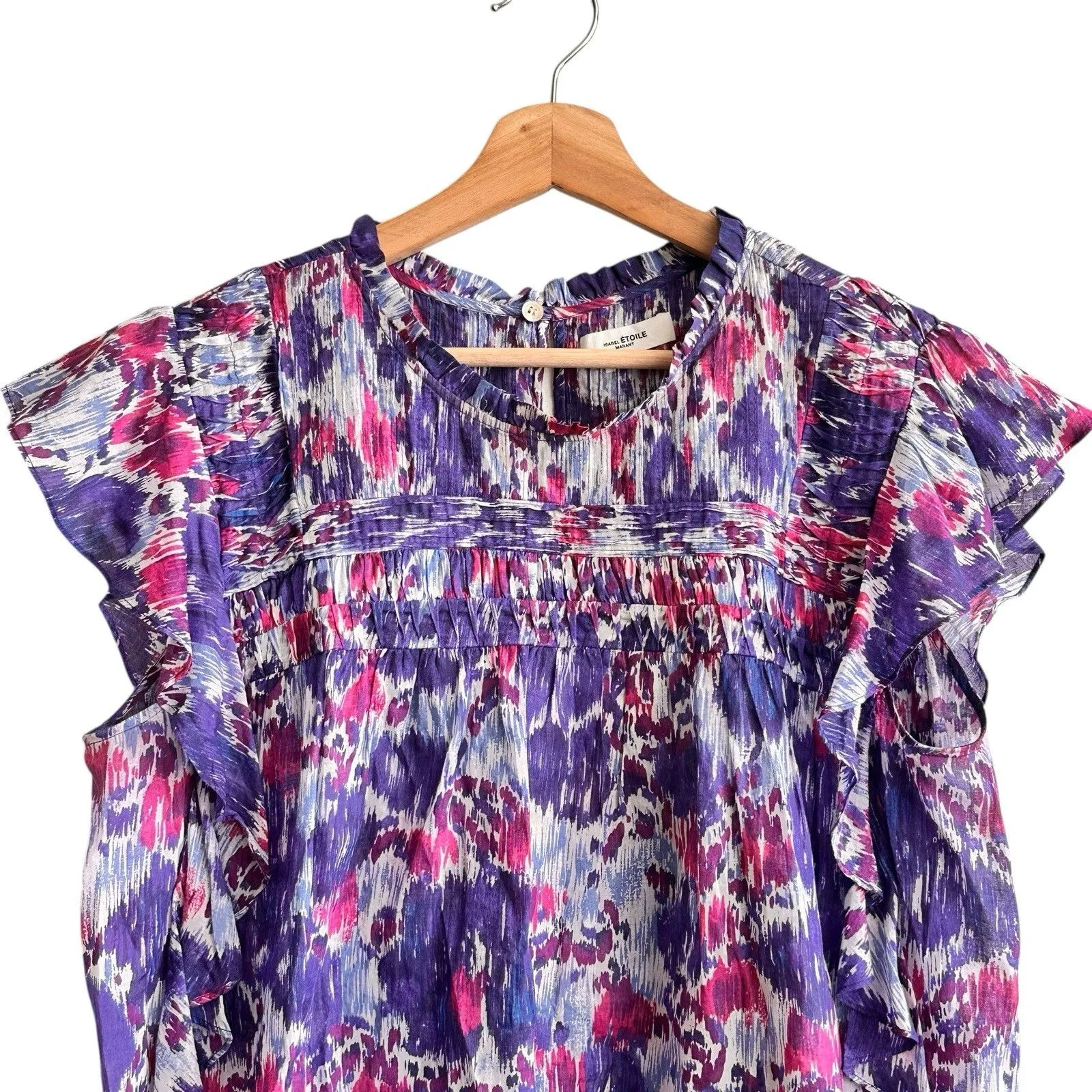 ISABEL MARANT ÉTOILE Layona Floral Ikat Flutter Cotton Ruffle Blouse Size 38 M - Image 6