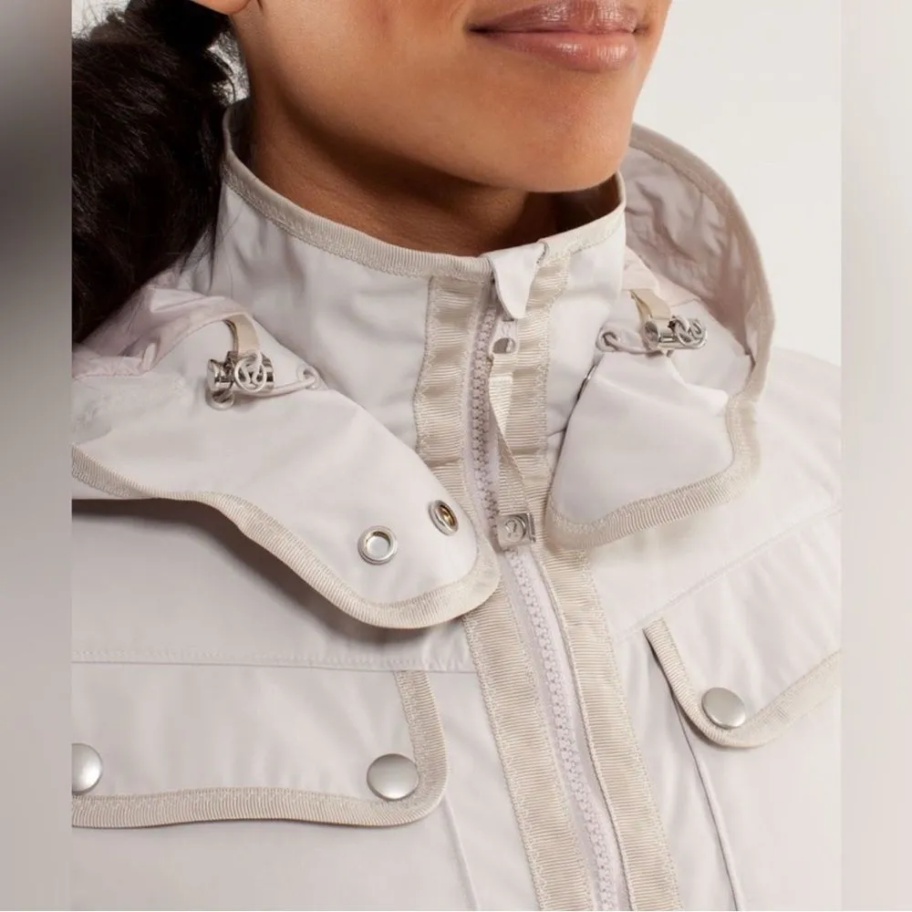 Lululemon Out and About Peplum water repellent cream Jacket Ecru size 4 with hoo - Image 2