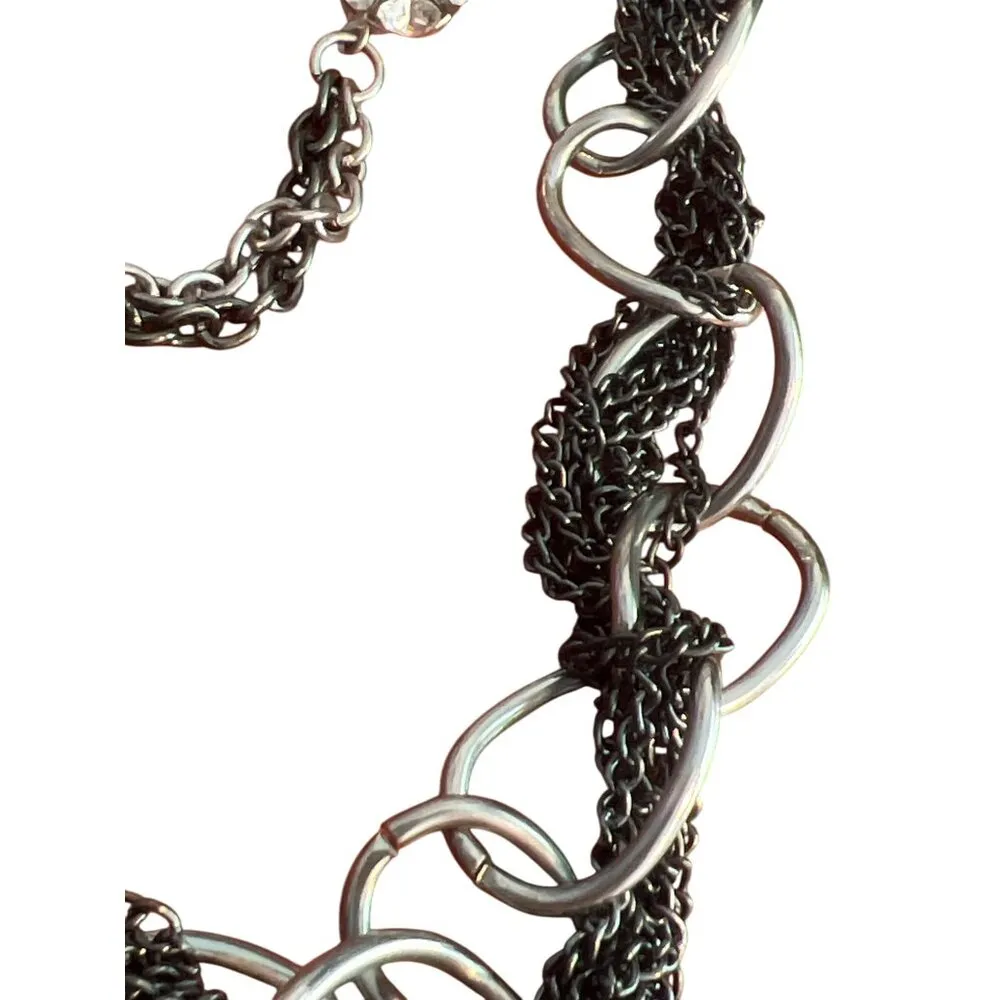 Layered Black Silver Tone Chain Necklace Faux Pearls Rhinestone Beads 26" - Image 2