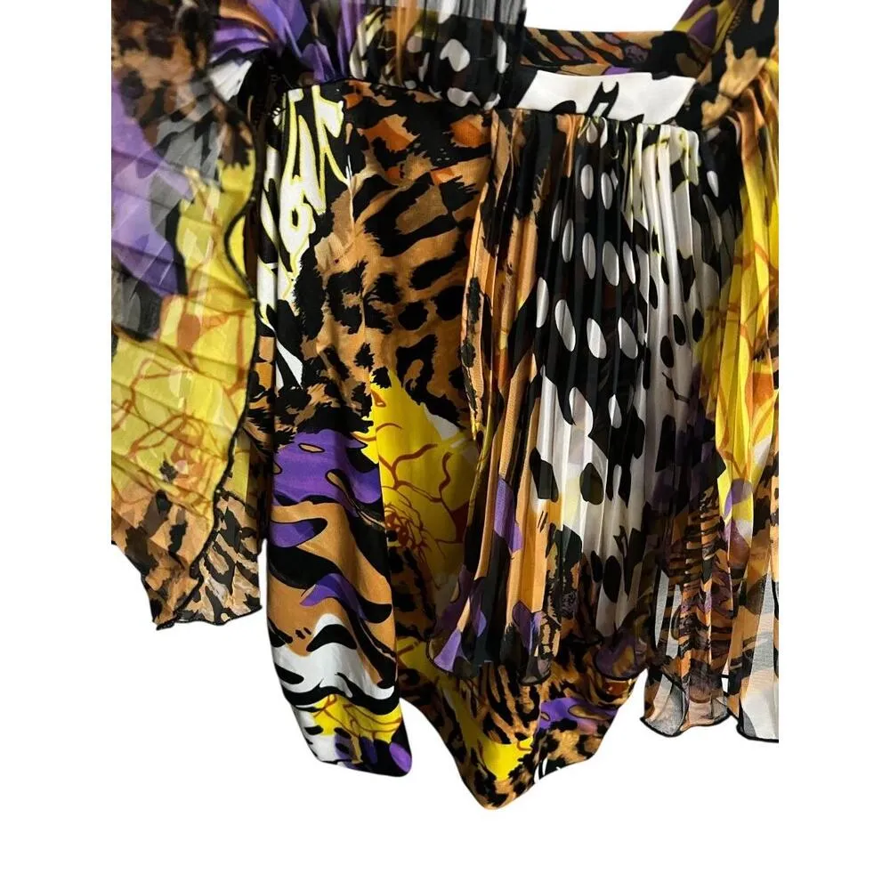 Madison Paige Top Womens Medium Multi Color Sheer Animal Print Ruffle Pleated Brown - Image 4