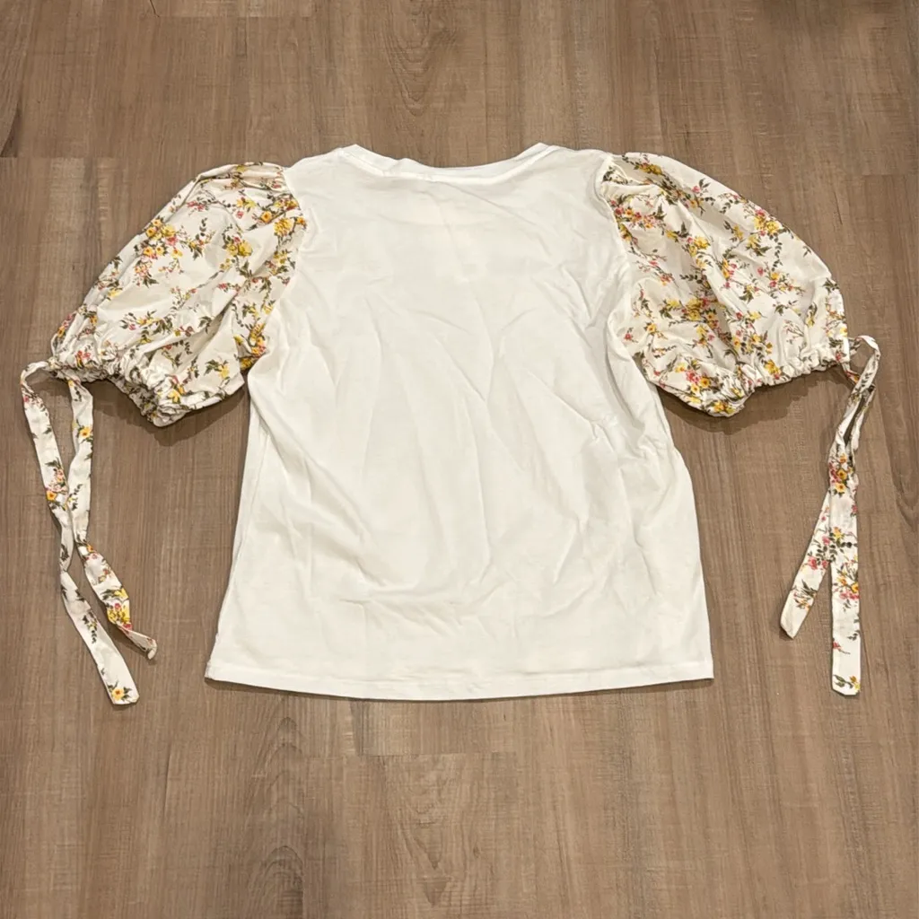 Zara White Tee Floral Balloon Sleeves - Image 3