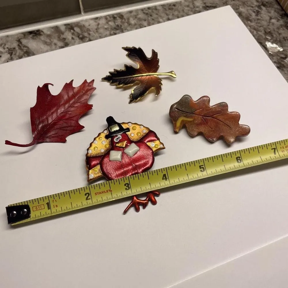 Lot Of 4 Brooch Pins Handmade Fall / Thanksgiving Autumn Leaves / Turkey - Image 5