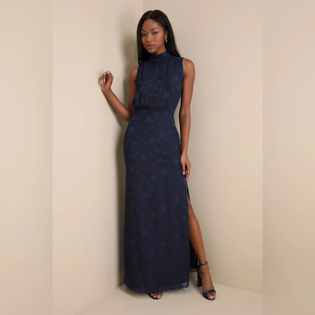 LULUS Classic Elegance Navy Blue Burnout Mock Neck Maxi Dress NWT - Image 6