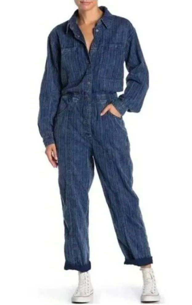 Free People Ari Denim Jumpsuit S Coverall Boiler Suit 90s Utility Loose Fit Blue - Image 7