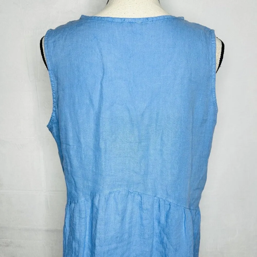 Rosemarine 100% Linen Dress Blue Midi Tiered Sleeveless Size L Lagenlook Italy Size L - Image 8