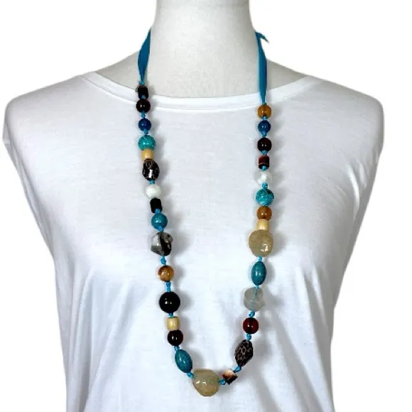 Cookie Lee Necklace Bracelet Set Beaded Faux Stone Teal Tan Multi 18” Length - Image 1