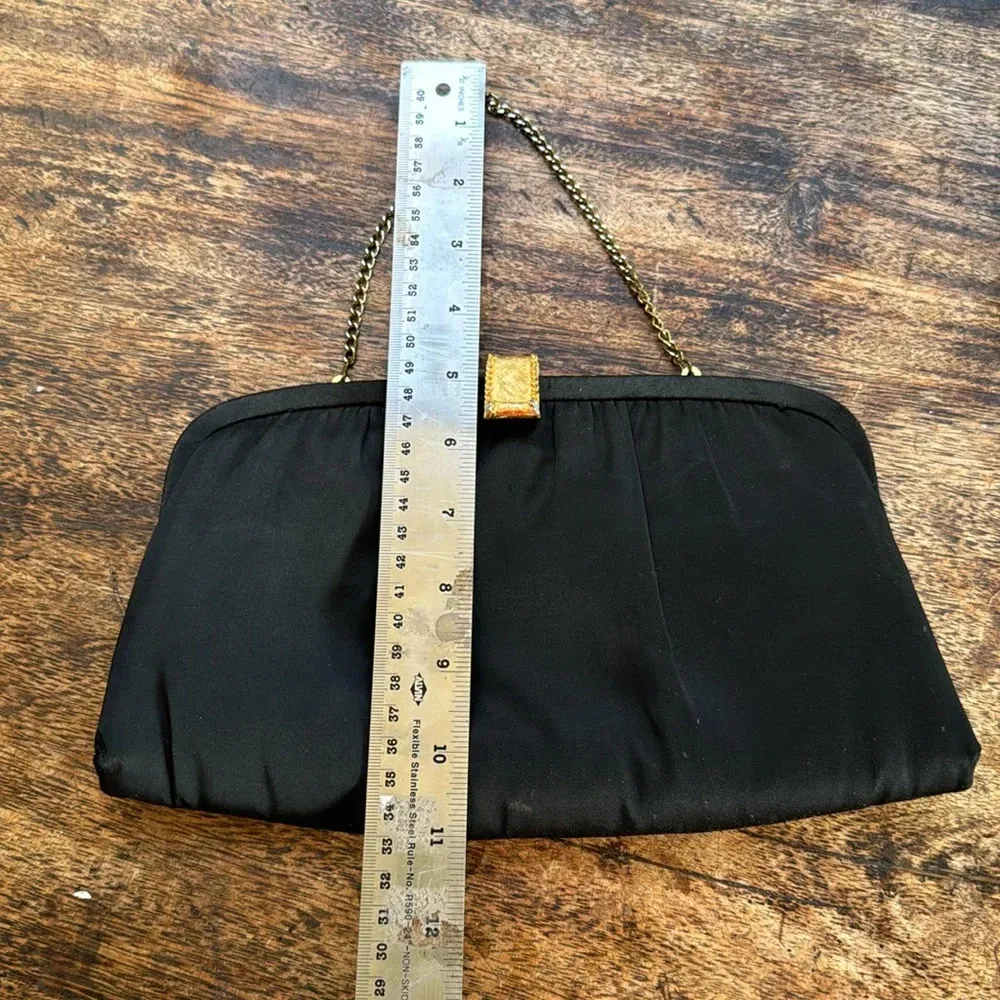 After Five Vintage Black Satin Cocktail Clutch Purse gold w/ turquoise hardware - Image 6