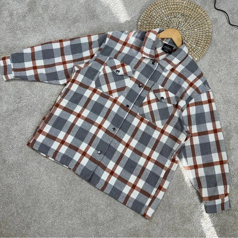 HFX Wool Blend Flannel Plaid Shacket Jacket Western Relaxed Fit Gray/Brown L Gray Size L - Image 4