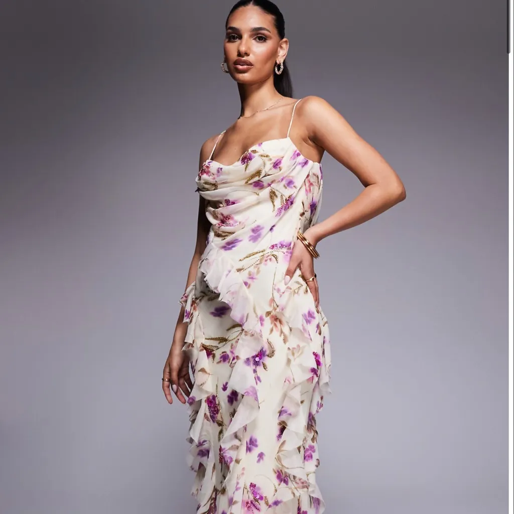 ASOS DESIGN embellished chiffon cami ruffle maxi dress in ivory floral - Image 3